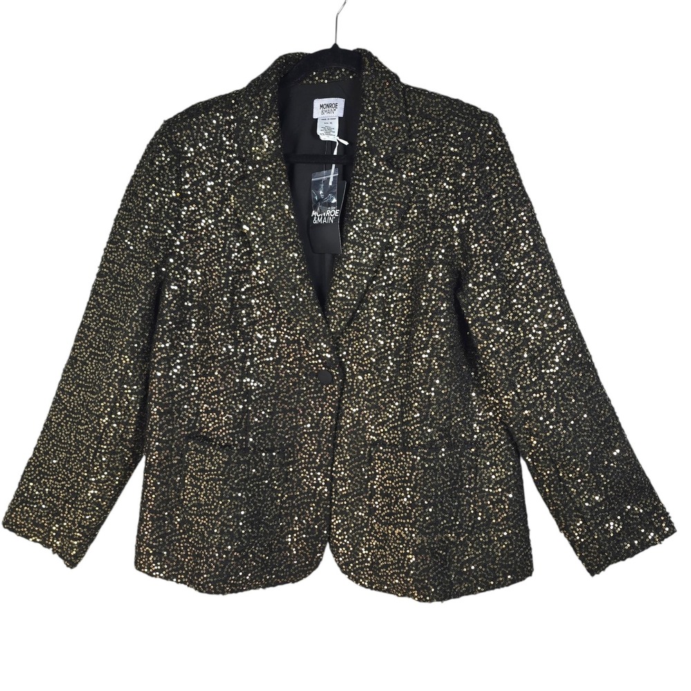 Monroe & Main Women XL Gold Sequin Blazer Black Knit Wool Blend Party Jacket NEW